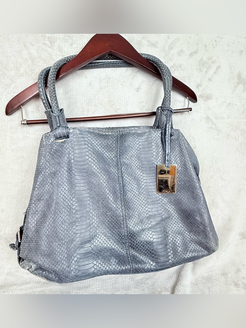 Furla Genuine Leather Gray Snakeskin Embossed Satchel Handbag AS IS